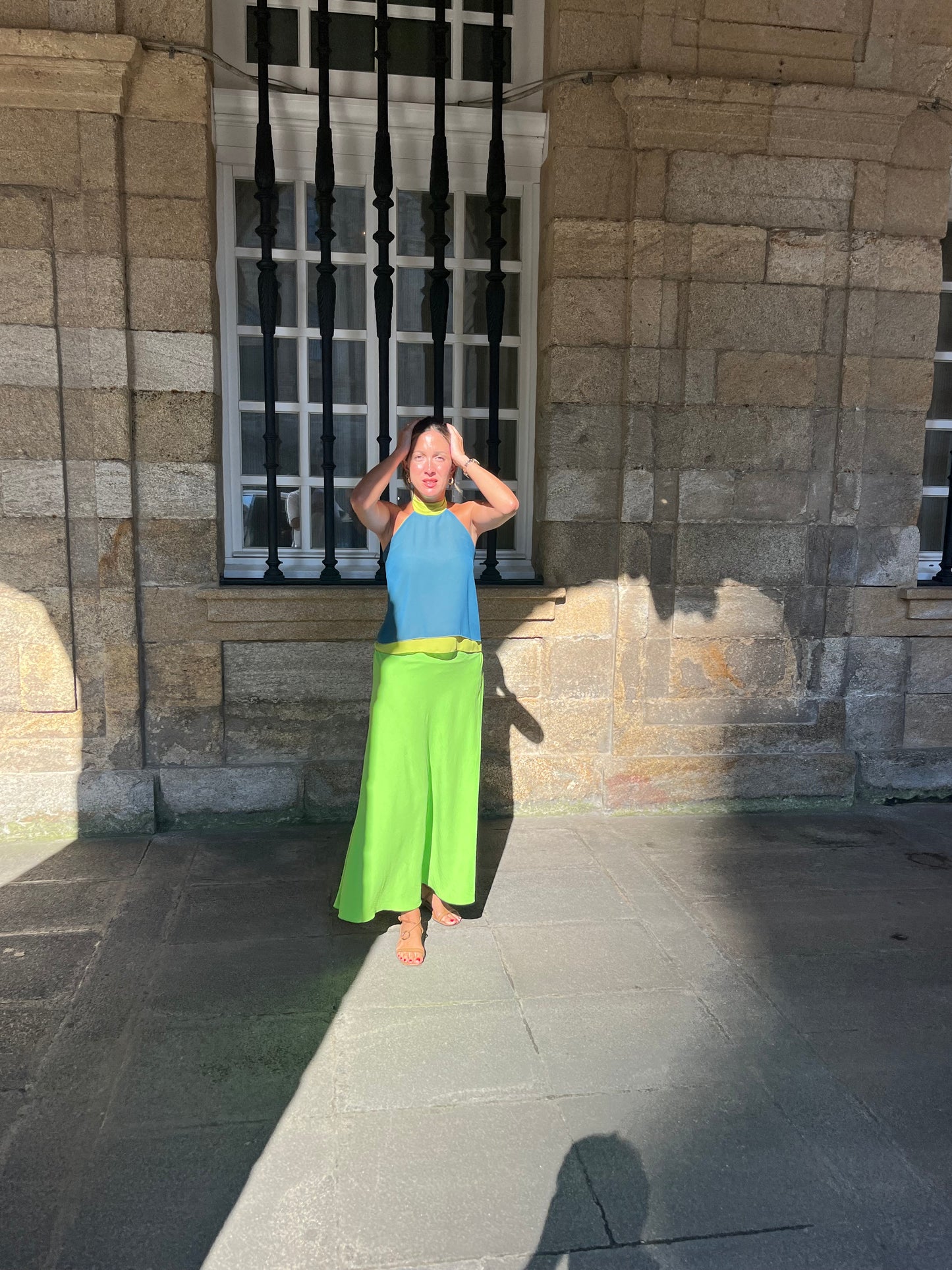 Blusa halter azul y verde